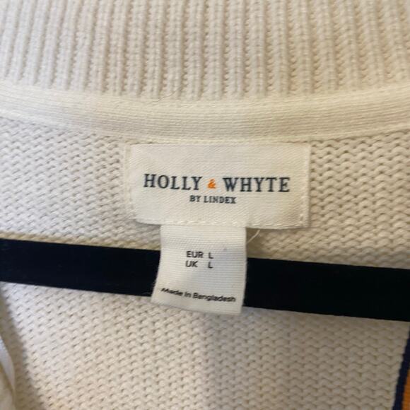 Holly Whyte Lindex Cream & Navy Blue Striped Nautical Fisherman Knit Sweater Lg - Picture 2 of 7